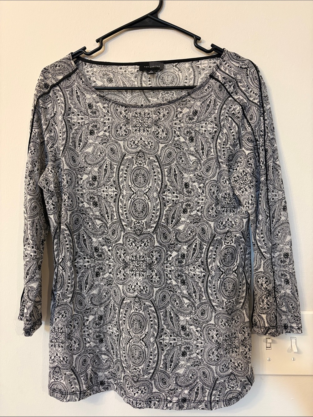 The Limited Sheer Black & White Paisley Long Sleeve Scoop Neck Top